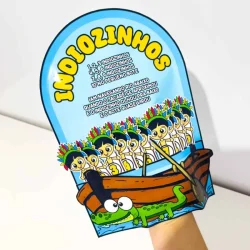 Luva musical com personagens indígenas e crocodilo, ideal para atividades infantis.