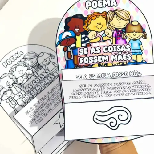 Luva com ilustrações de crianças e poema sobre mães.