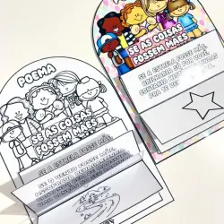 Luva com poema infantil sobre mães, ilustrações coloridas e espaço para desenho.