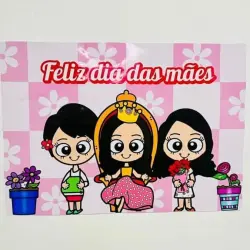 Cartaz com ilustrações de três mulheres e mensagem de Feliz Dia das Mães.