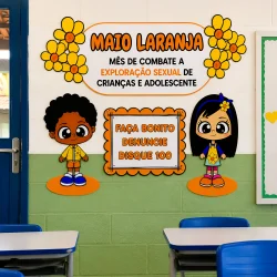 Painel educativo Maio Laranja sobre combate à exploração sexual infantil.