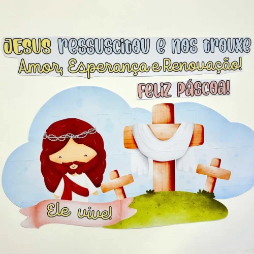 Imagem de Jesus Ressuscitado com cruz e mensagem de esperança e renovação.