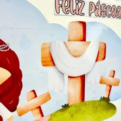 Painel de Páscoa com cruz de madeira e mensagem de feliz Páscoa.