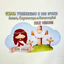 Imagem com mensagem de Páscoa, Jesus ressuscitado, cruz e elementos religiosos.