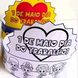 Cartaz comemorativo do 1º de Maio, Dia do Trabalho, com desenhos de trabalhadores.