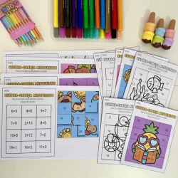 Material de atividades educativas com quebra-cabeça e lápis de cor.