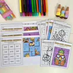 Atividades educativas com quebra-cabeça e lápis de cor para crianças.
