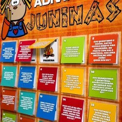 Jogo de adivinhas juninas para crianças com dicas e respostas educativas.