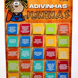 Cartaz de adivinhas juninas com personagem de festa típica brasileira.