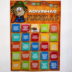 Cartaz de adivinhas juninas com tema de festa típica brasileira.