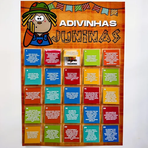 Cartaz de adivinhas juninas com tema de festa típica brasileira.