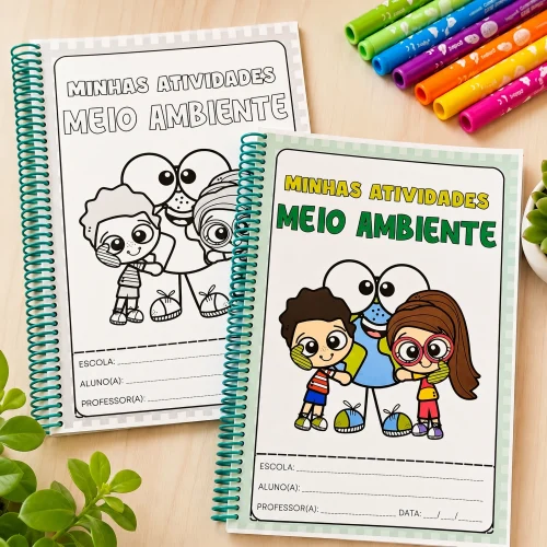 Caderno de atividades sobre meio ambiente com desenhos de crianças e natureza.