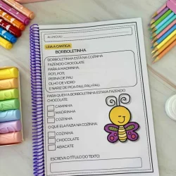Atividade de leitura com personagem de borboleta colorida.