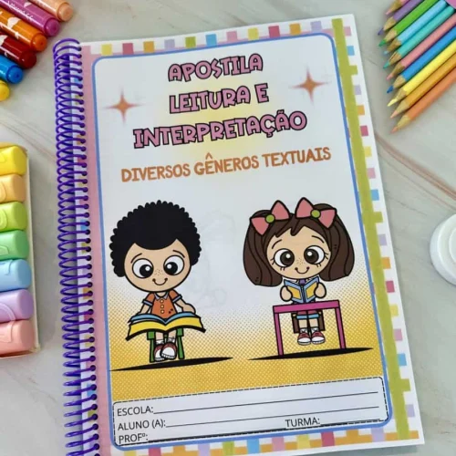 Apostila de leitura e interpretação com desenhos de crianças estudando.