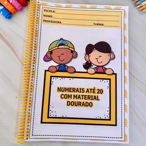 Apostila de numerais até 20 com material dourado para educação infantil.