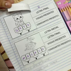 Atividades educativas com palavras interativas e desenhos de animais.