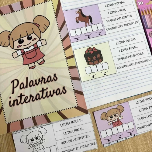 Material educativo com atividades de palavras interativas para crianças.