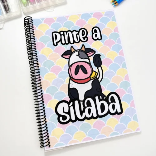 Caderno de atividades com vaca desenhada e texto "Pinte a sílaba".