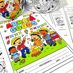 Arte de festa junina com crianças brincando e decorando.