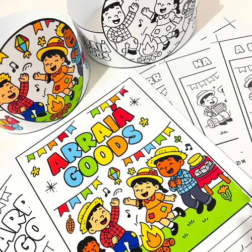 Ilustração de crianças em festa junina com bandeirinhas e fogueira.