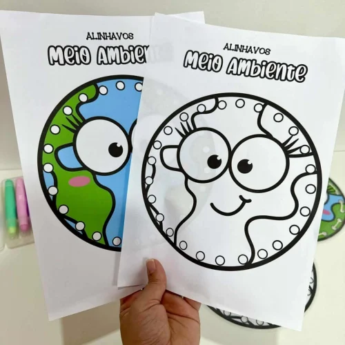 Atividade educativa com desenhos de alinhavos sobre meio ambiente.