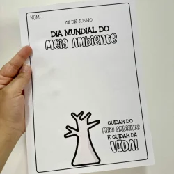 Folha de atividade sobre o Dia Mundial do Meio Ambiente com desenho de árvore.