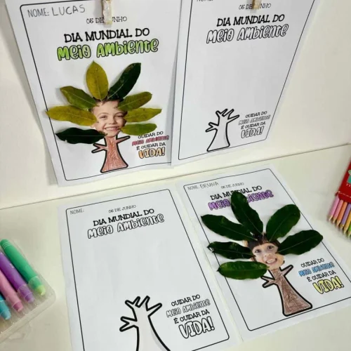 Atividade escolar com folhas e desenhos para o Dia Mundial do Meio Ambiente.