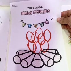 Desenho de fogueira de Festa Junina com papel e lápis de cor.