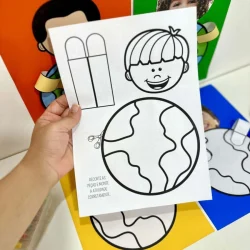 Atividade infantil com desenho do planeta Terra e foguete para crianças.