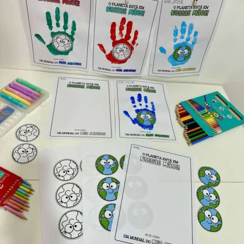 Atividade infantil sobre o cuidado com o planeta com desenhos e cores vibrantes.