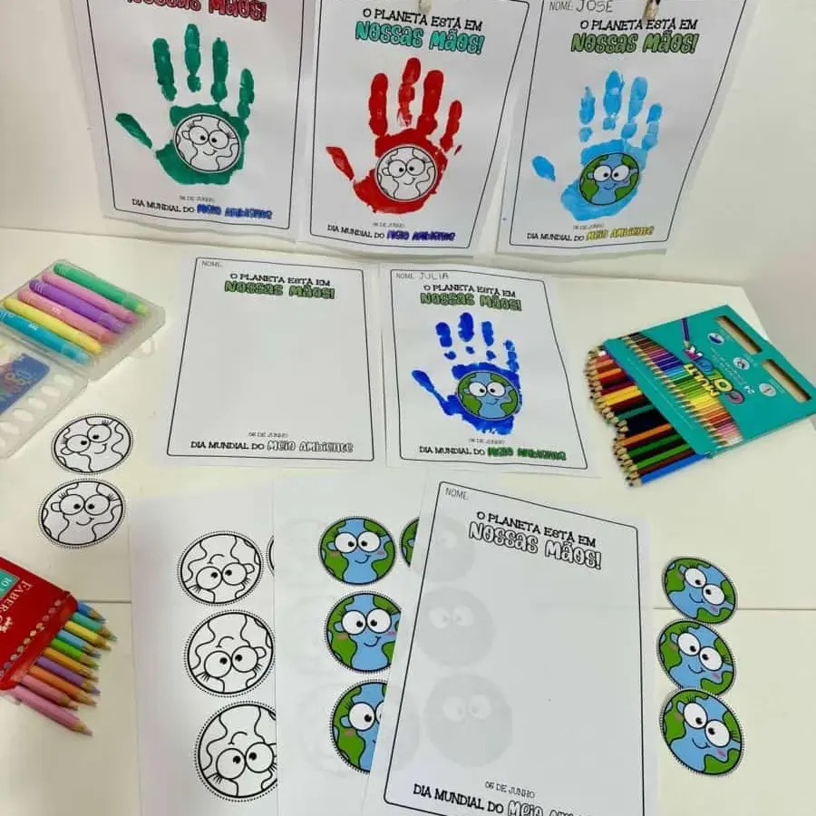 Atividade infantil sobre o cuidado com o planeta com desenhos e cores vibrantes.