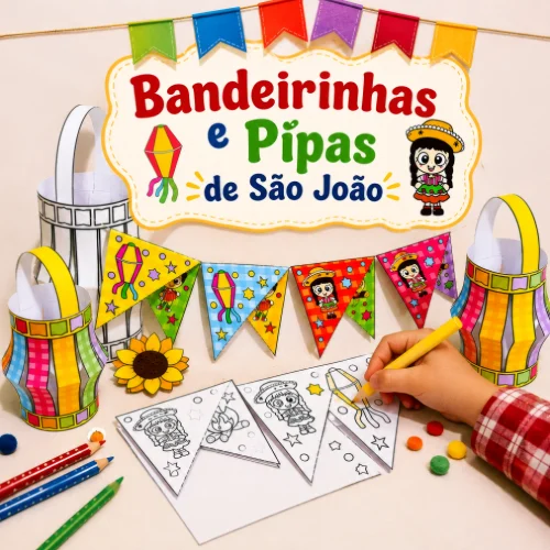 Decoração de São João com bandeirinhas coloridas e pipas.