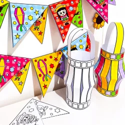 Bandeirinhas de São João coloridas e copos decorativos para festa junina.