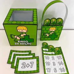 Jogo educativo de bingo com operações de adição para crianças.