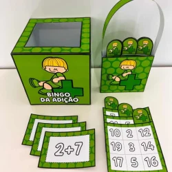 Jogo educativo de bingo com operações de adição para crianças.