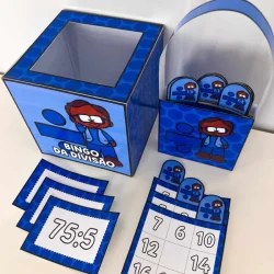 Jogo educativo de bingo com números e divisão para crianças.