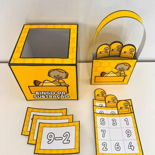 Jogo de bingo com operações de subtração para crianças.