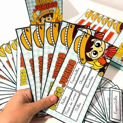 Cartelas de bingo junino com personagem de festa junina colorida.