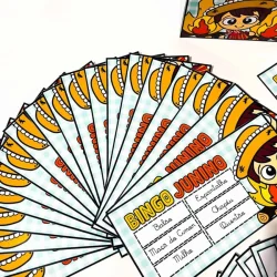 Cartelas de bingo junino com tema de festa para atividades educativas.