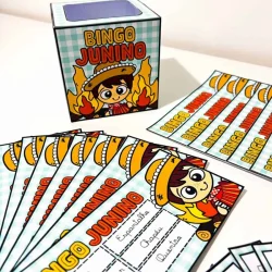 Jogo de bingo junino com tema de festa junina e letras cursivas.