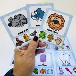 Cartas de rimas com animais, objetos e ações para crianças.