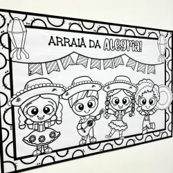 Cartaz de festa junina com crianças dançando e tocando instrumentos.