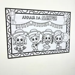 Cartaz de Arraiá da Alegria com personagens infantis festivos.
