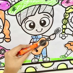 Desenho de crianças com chapéus de festa e instrumentos musicais.