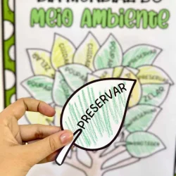 Cartaz com árvore e folhas sobre preservação do meio ambiente.