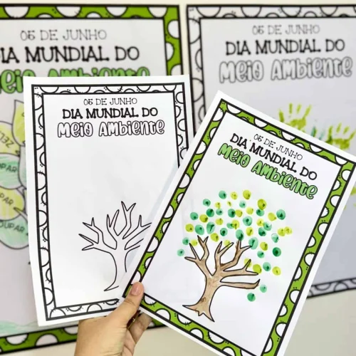 Cartaz do Dia do Meio Ambiente com árvore e elementos verdes.