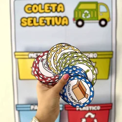 Símbolos de reciclagem e coleta seletiva em cartaz educativo.