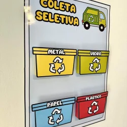 Cartaz de coleta seletiva com lixeiras para metal, vidro, papel e plástico.