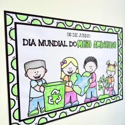 Cartaz colorido sobre o Dia Mundial do Meio Ambiente com crianças e símbolos ambientais.