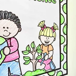 Cartaz de colorir com tema de meio ambiente e crianças.